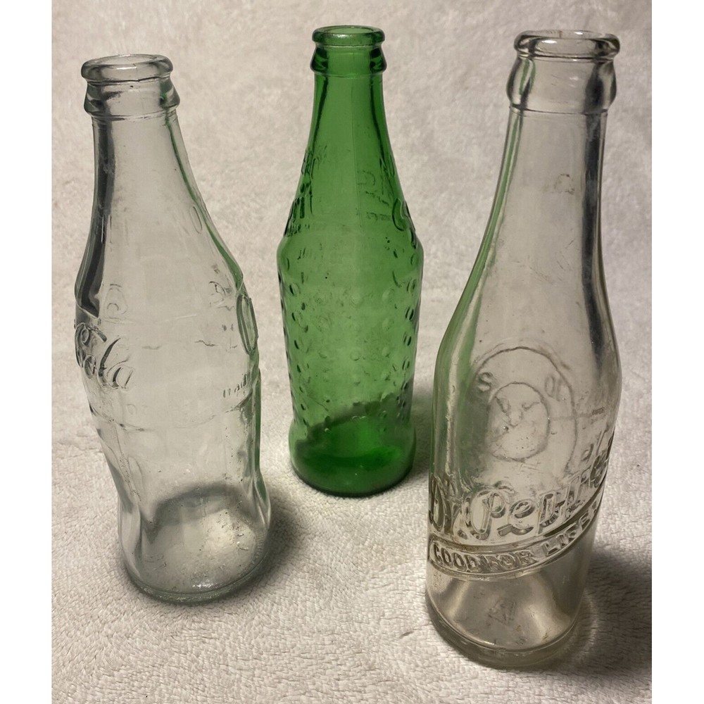 Lot of 3 Vintage Glass Bottles Dr Pepper Coke and Sprite Green Raised Hobnail